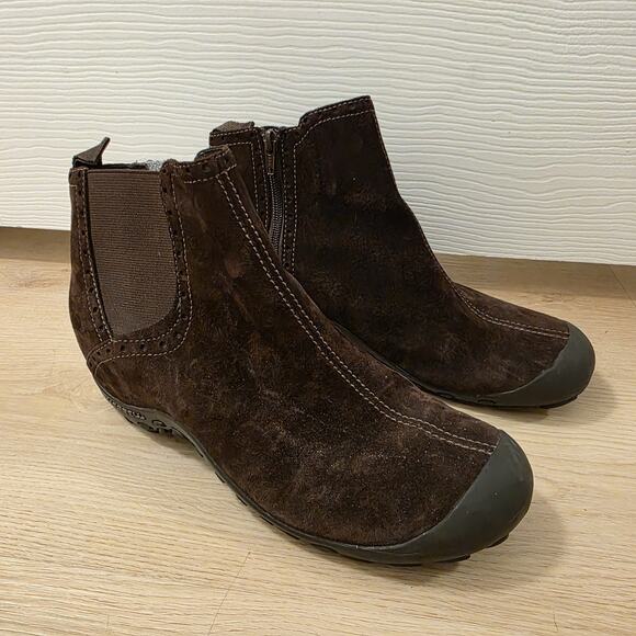 Merrell Brown Suede Outdoor Grunge Neutral Plaza Wedge Ankle Boots Size 10 - Picture 1 of 8